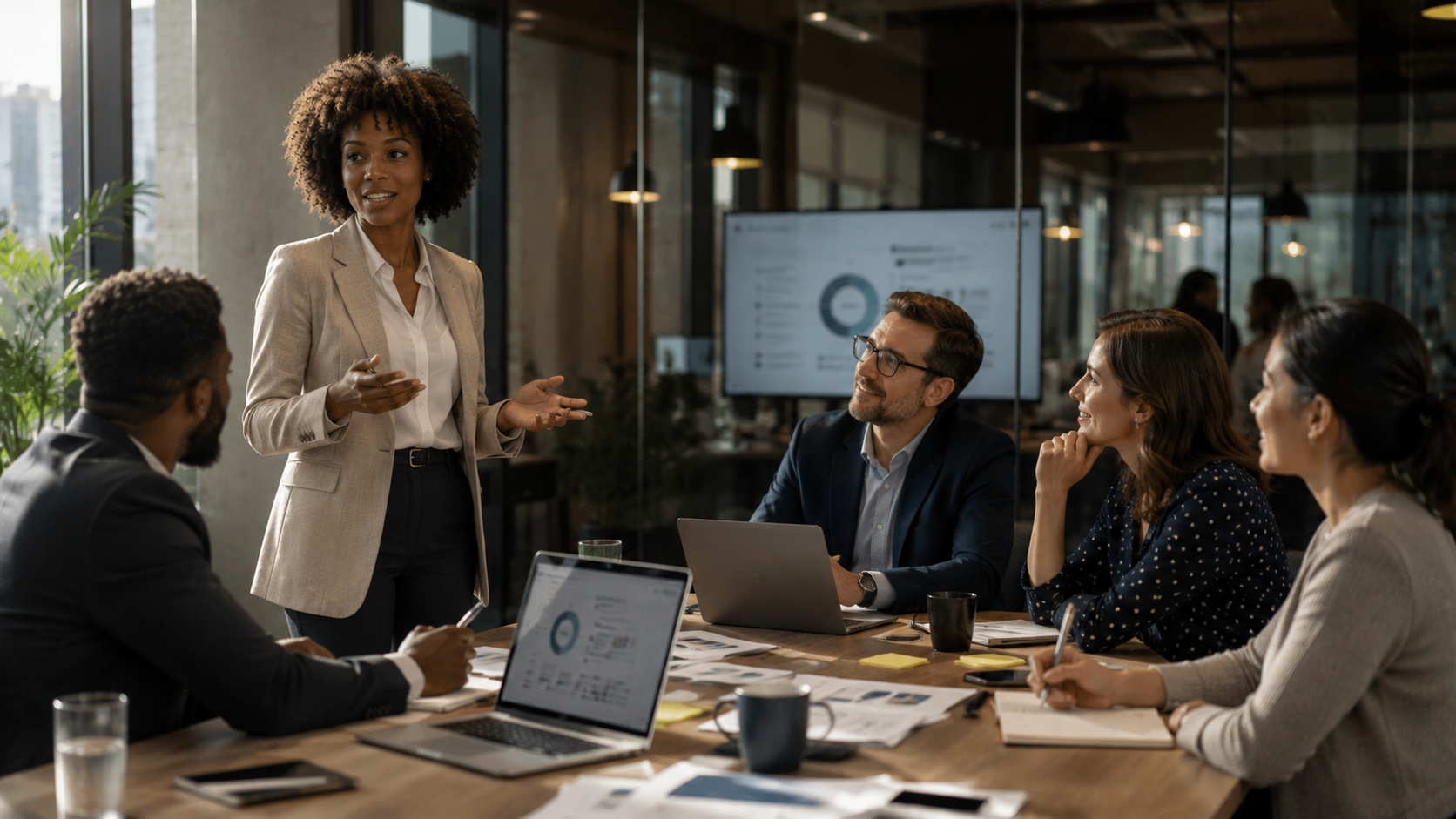 Profissionais numa reunião de trabalho, conversando em volta de uma mesa